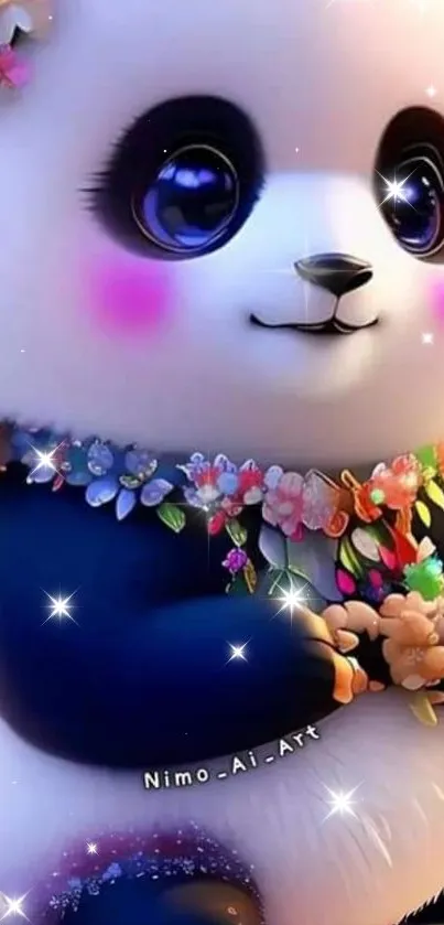 Adorable animated panda with a floral necklace and sparkling accents.