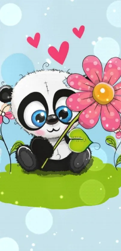 Cute panda with pink flower on blue background.