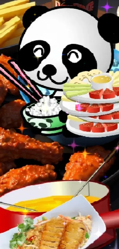 Cute panda surrounded by delicious food, including wings and rice bowl.