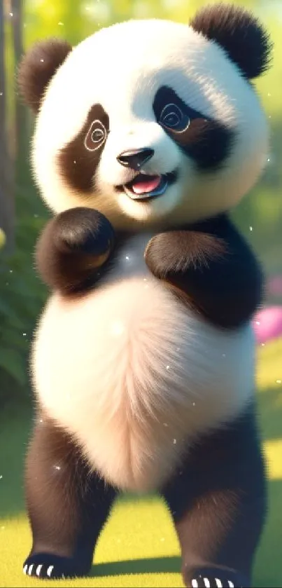 Cute panda cub in a vibrant forest with flowers and trees.