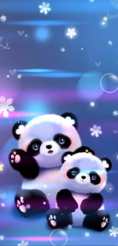 Cute pandas in a galaxy-themed wallpaper with stars and bubbles.