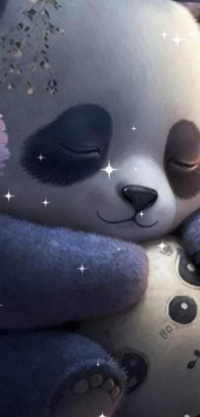 Adorable panda cuddling a ball in a dreamy galaxy-themed wallpaper.