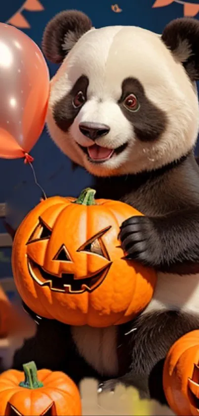 Adorable panda with pumpkin for Halloween.
