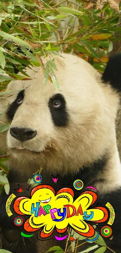 Cute panda surrounded by bamboo with vibrant 'Happy Day' text.