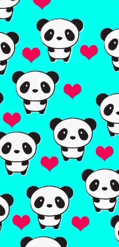 Cute panda wallpaper with teal background and red hearts.