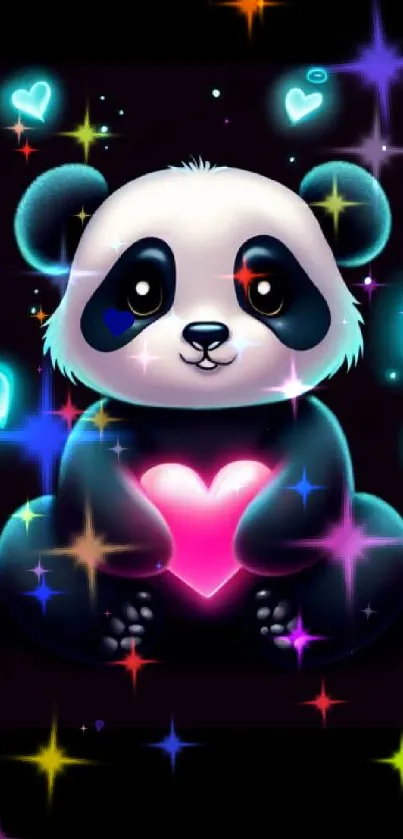 Cartoon panda with glowing heart and neon blue hearts.