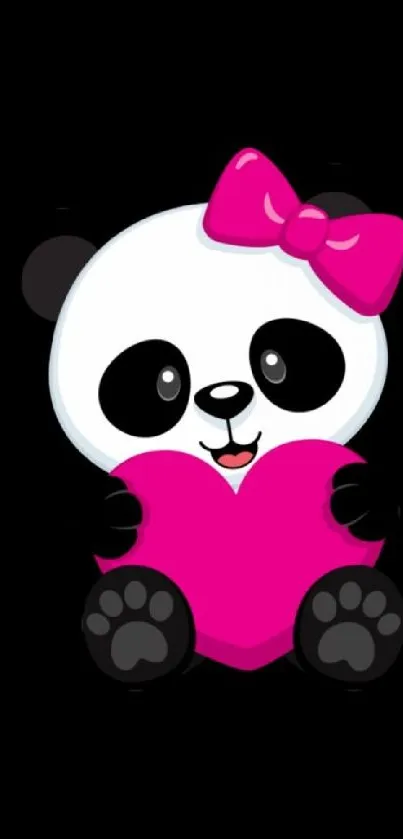 Cartoon panda holding pink heart on black background.
