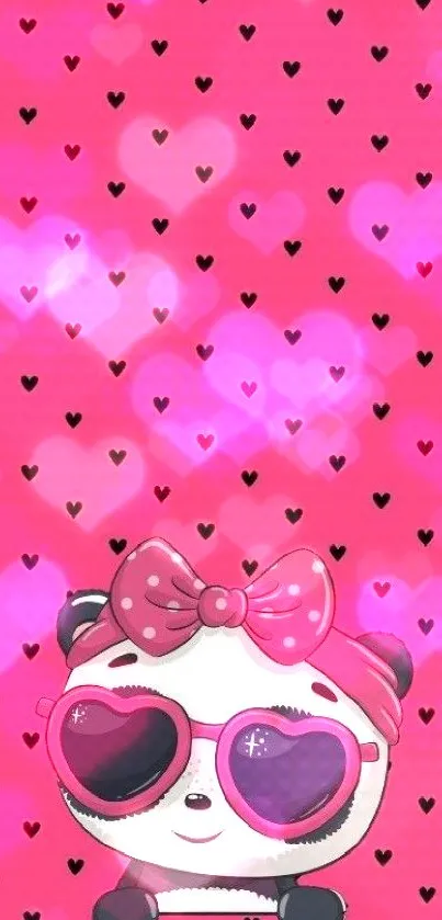 Cute panda with pink hearts and sunglasses on a vibrant pink background.