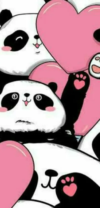 Adorable pandas holding pink hearts wallpaper.