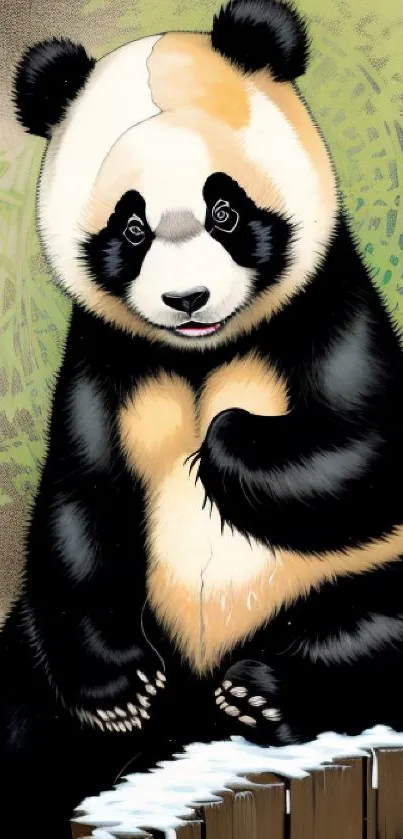 Adorable panda with heart fur pattern sitting by bamboo.