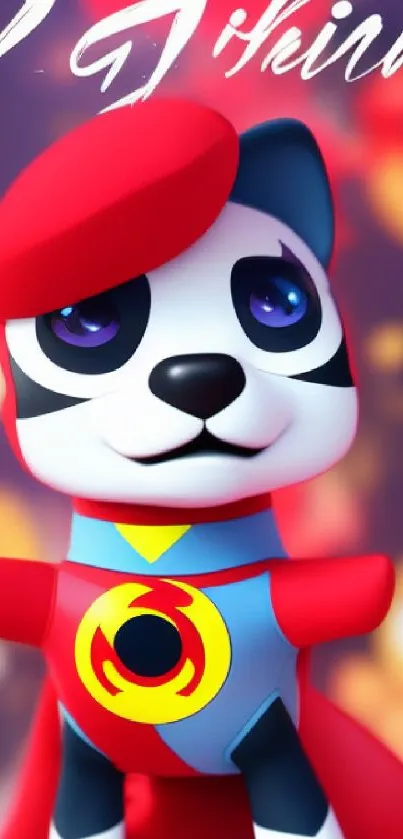 Colorful cartoon panda dressed as a superhero in vivid red and blue tones.