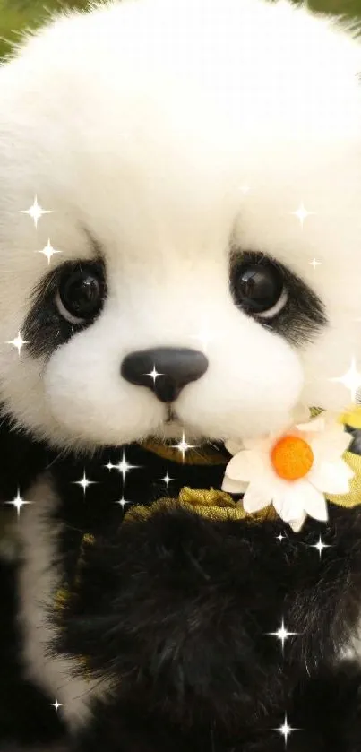 Adorable panda with flower mobile wallpaper in nature setting.