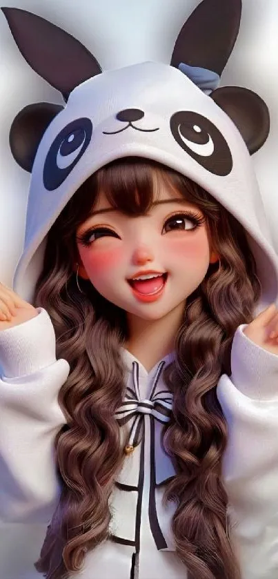 Adorable girl in panda hoodie with anime style on white backdrop.