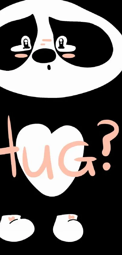 Adorable panda illustration with "Hug?" text on a black background.