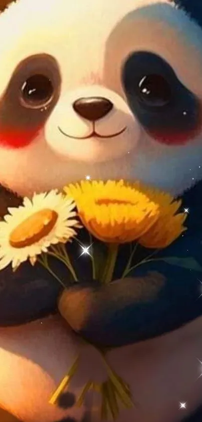 Cute panda holding flowers with a cheerful expression.