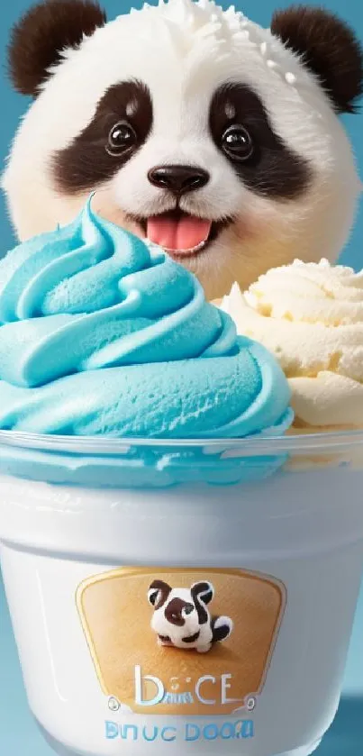 Cute panda with blue and vanilla ice cream in a cup on a vibrant background.