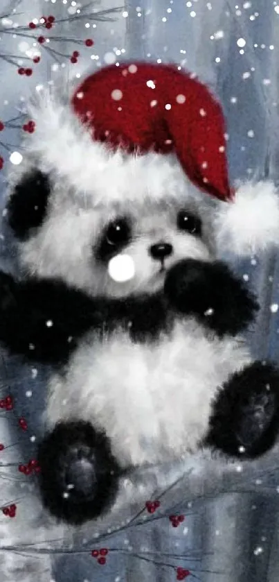 Cute panda with red Santa hat in snowy winter scene.