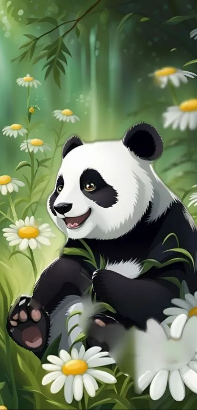 Cartoon panda smiling in a daisy meadow.