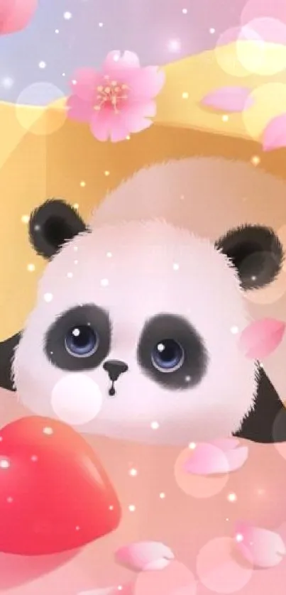 Cute panda in a box with pink petals and a heart on a pink background.