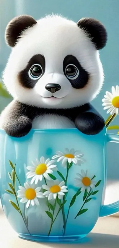 Adorable panda in floral mug with blue background.