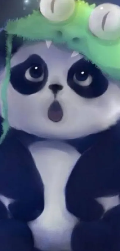 Cute panda wearing a green frog hat on a blue background.