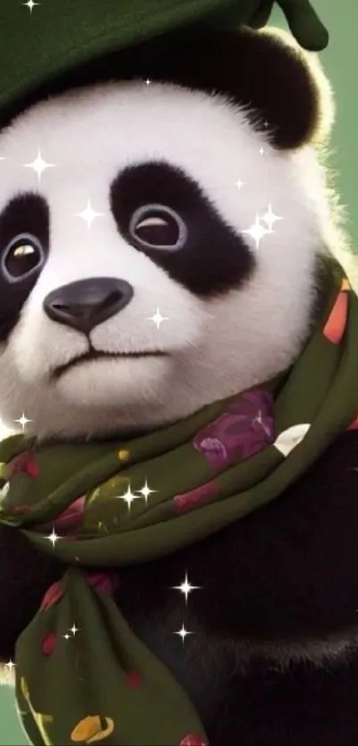 Cute panda with green scarf and hat on mobile wallpaper.