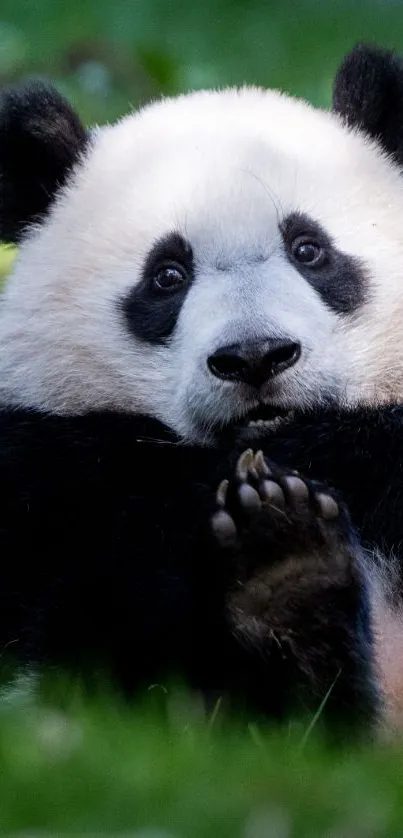 Cute panda sitting in lush green grass, perfect for mobile wallpaper.