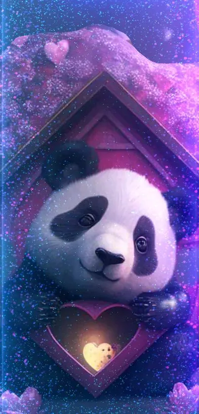 Cute panda in heart frame with sparkly purple background.