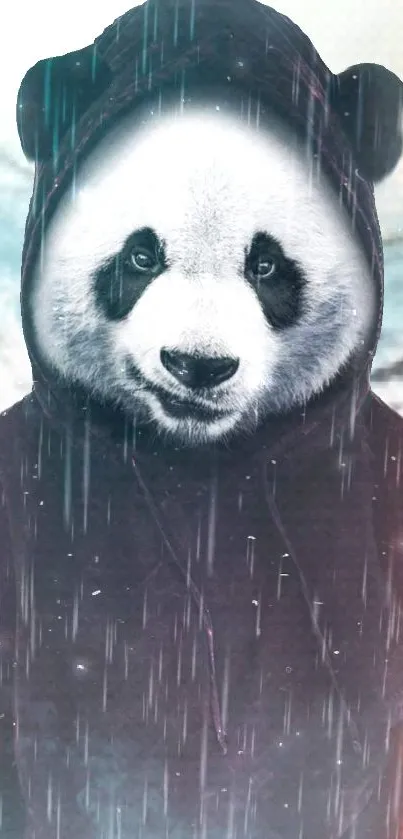 Cute panda in a hoodie with rain effect, perfect for mobile wallpaper.