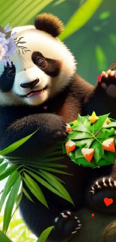 Playful panda with floral crown and green leaves.