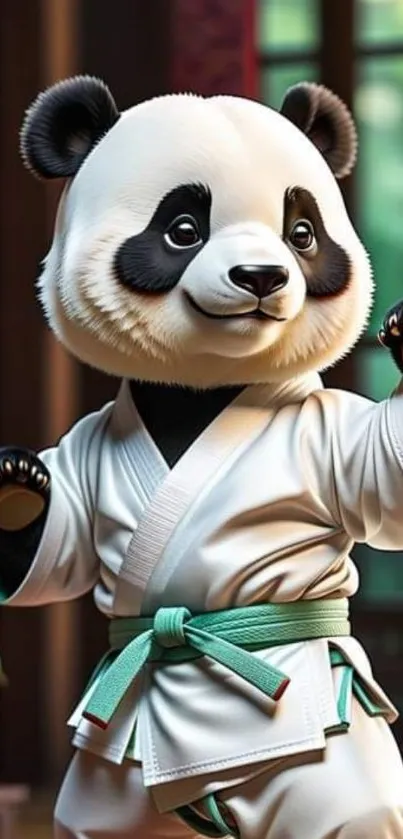 Cute panda in a martial arts outfit poses indoors.