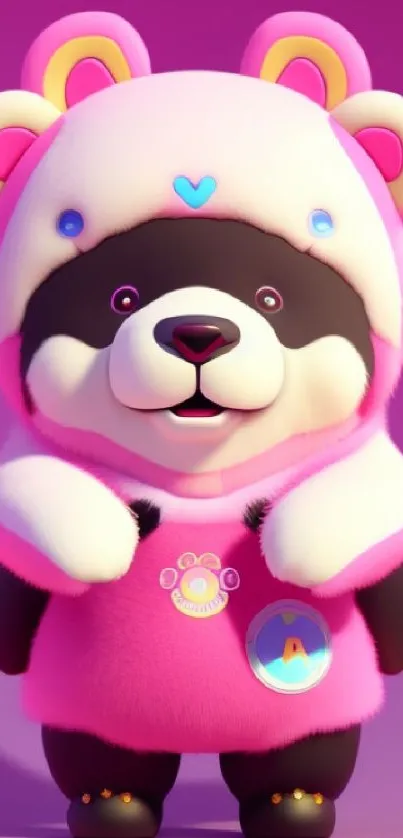 Cute panda in pink hoodie on purple background