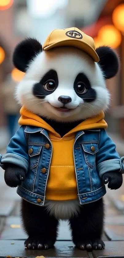 Cute panda wearing yellow hoodie and denim jacket in city setting.