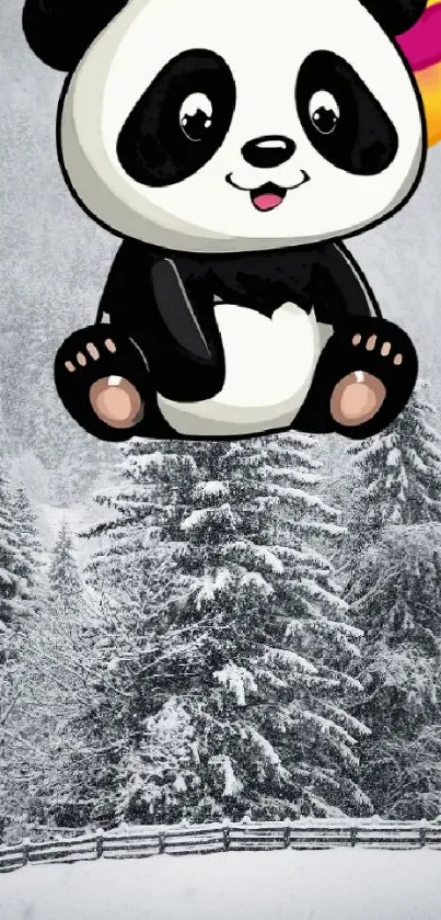 Cartoon panda on snowy forest background.