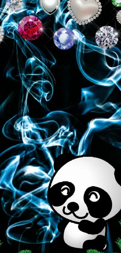 Cute panda with blue smoke and jewels on a black background wallpaper.