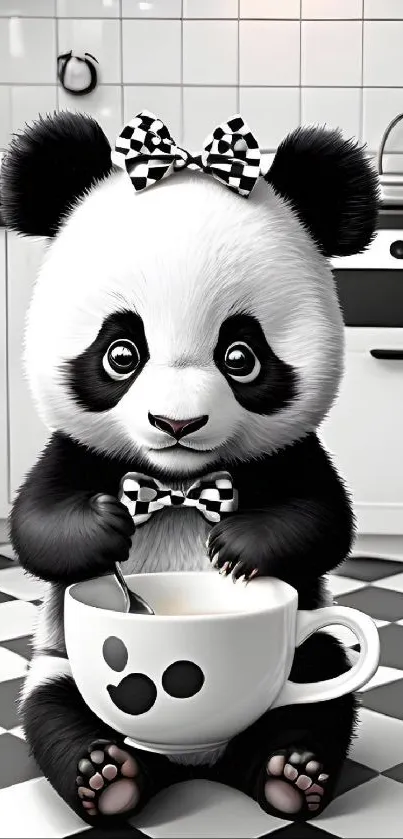 Cute panda with a cup in a kitchen setting