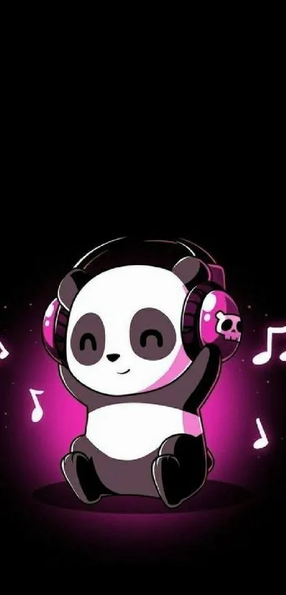 Cute panda with headphones and music notes on a pink background.