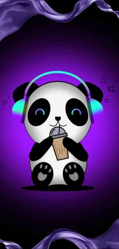 Cute panda wearing headphones with a purple glow background.