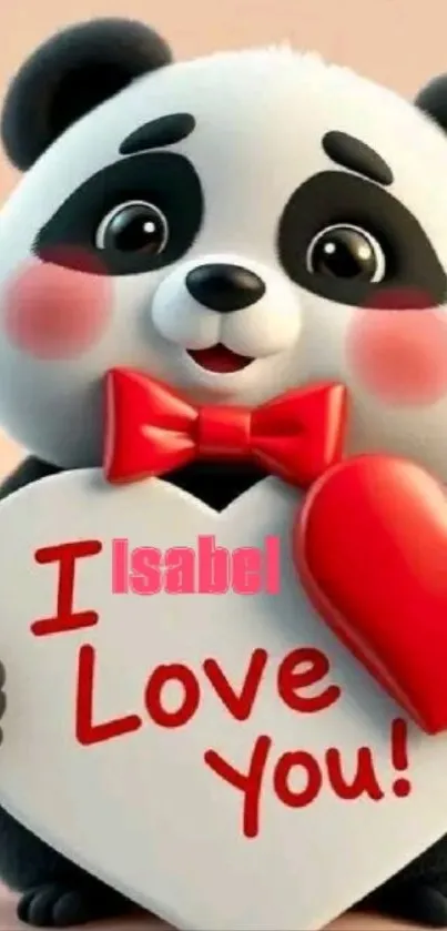 Cartoon panda with heart and love message.