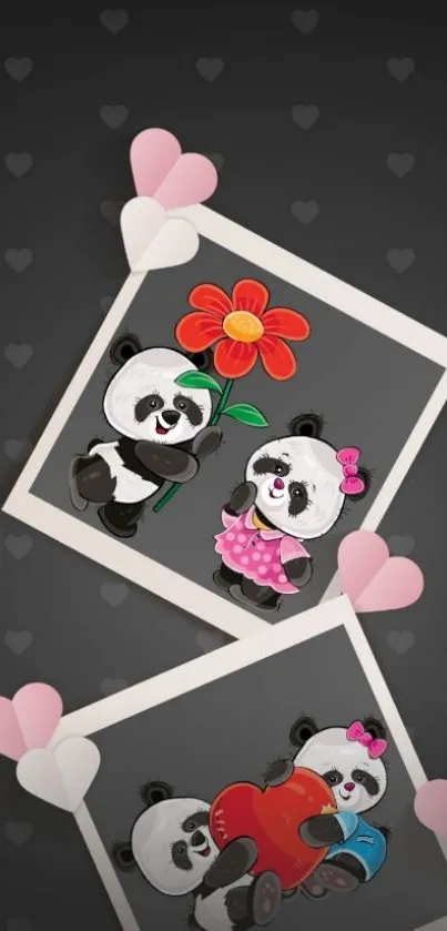 Cute panda love wallpaper with hearts and flowers.