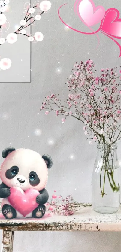 Cute panda with pink heart and flowers wallpaper.