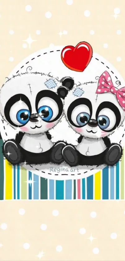 Cute panda couple with heart, beige polka dot background.