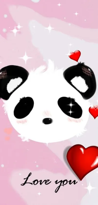 Cute fluffy panda with hearts on pink background wallpaper.