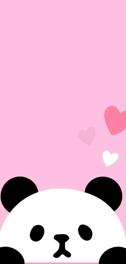 Cute panda with pink hearts on a pastel background.