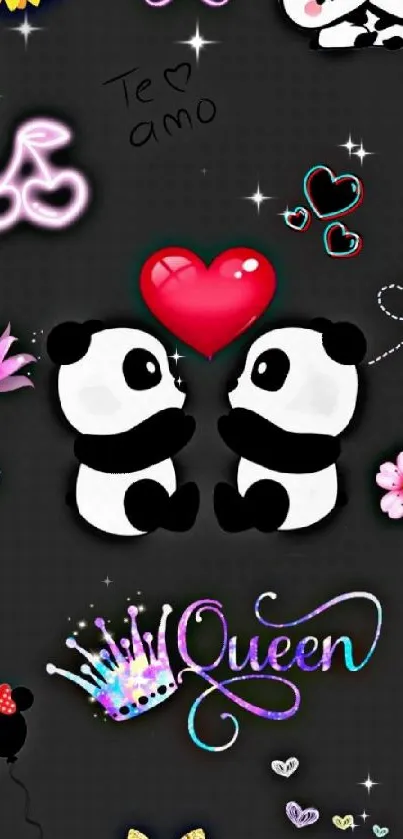 Adorable pandas with heart design on black mobile wallpaper.