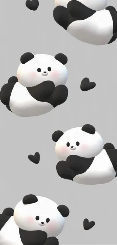 Adorable cartoon pandas on a gray background mobile wallpaper.