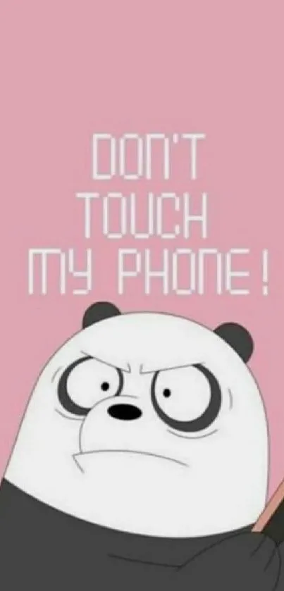 Cute panda cartoon with 'Don't touch' text on pink background.