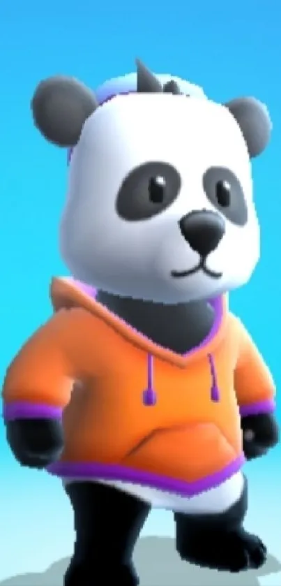 Cute 3D panda character with orange hoodie on sky blue background.