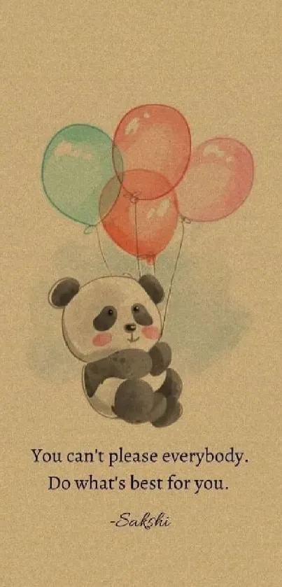 Cute panda with balloons and motivational quote on beige background.