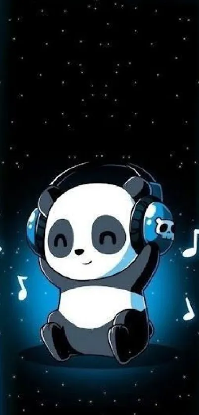 Cute panda with headphones enjoying music on mobile wallpaper.